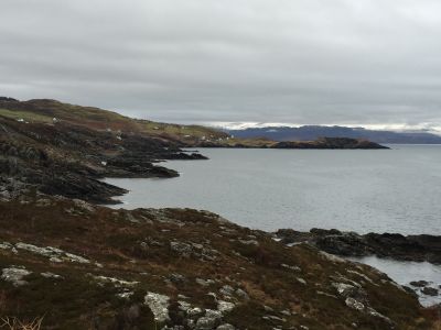 The 'warm up' survey on day 1. Looking north along the coast at Leir Mhaodail towards Aird, Sleat